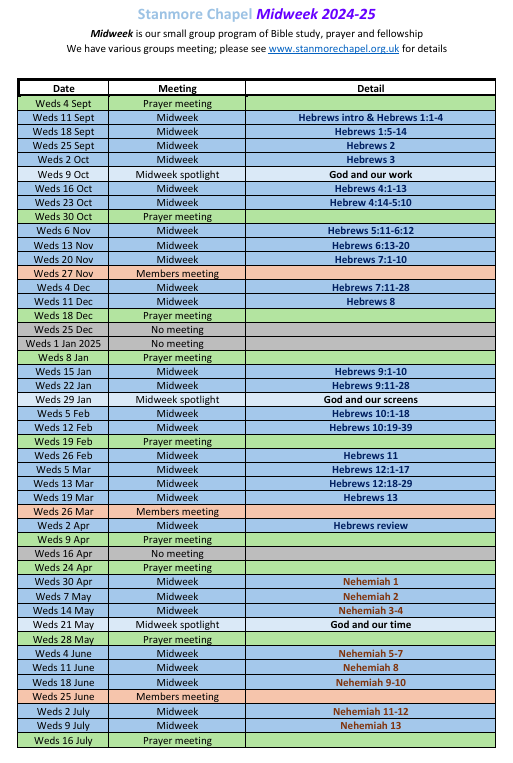 Midweek Calendar 2024-25