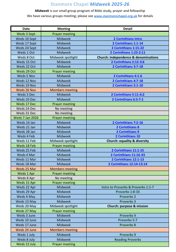 Midweek Calendar 2025-26